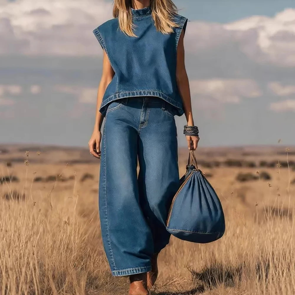Vintage Wide leg denim pant and vest