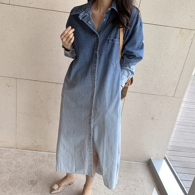 Turn-turn Collar Button Denim Dress