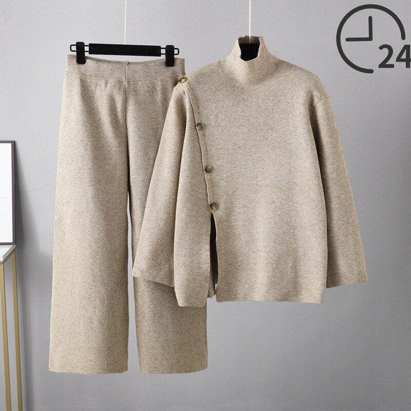 Elegant Pullovers 2 Piece Sets Womens Outfits Knitted Trousers Set Women Turtleneck Single-breasted Sweaters & Wide Leg Pants