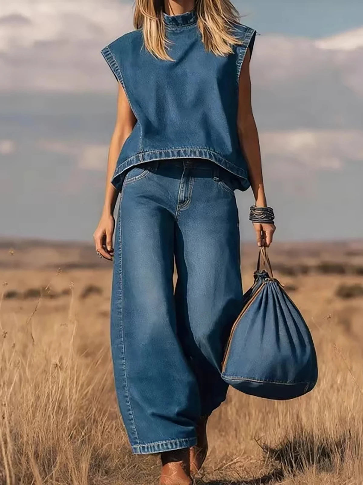 Vintage Wide leg denim pant and vest