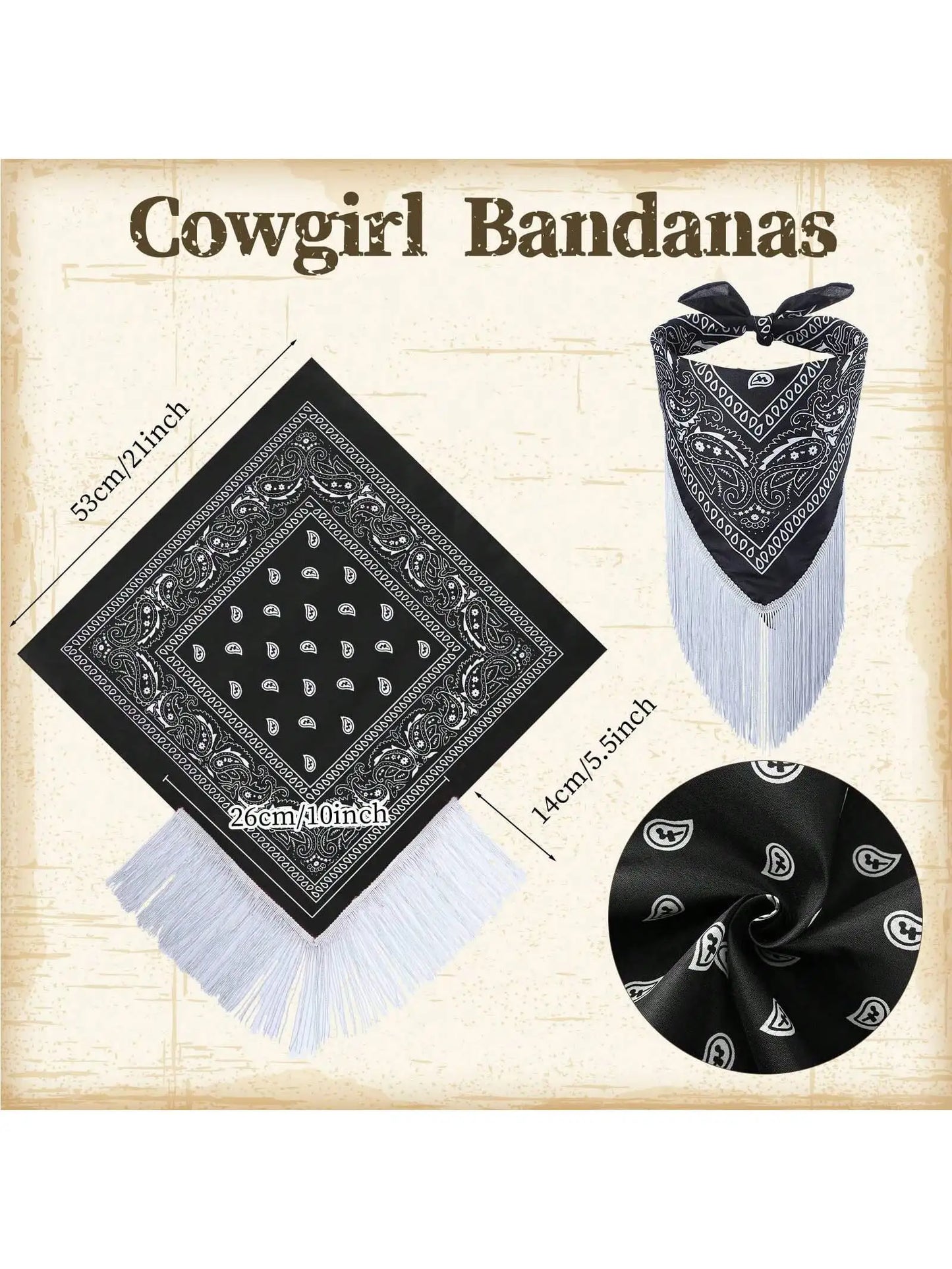 2pcs Cowgirl Hat Disco Fringed Bandana