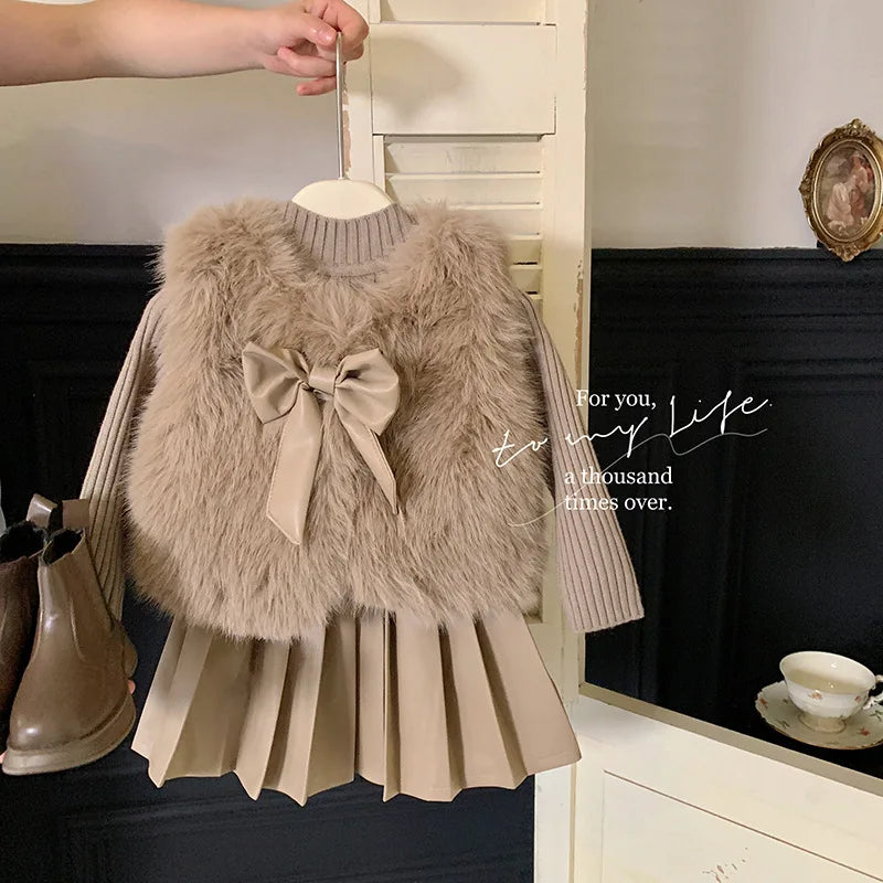 Fur Coat Coat Knitted Top Pleated Leather Skirt