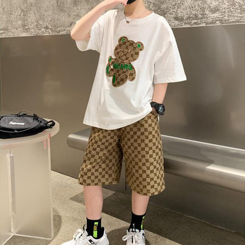 T-shirt +grid Shorts 2pcs Suit