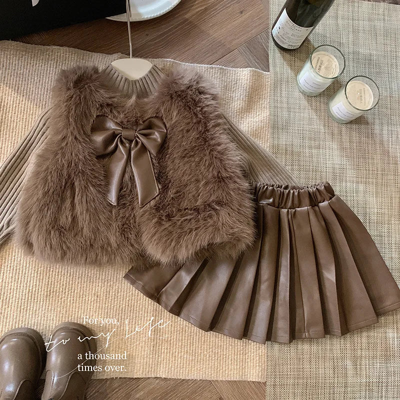 Fur Coat Coat Knitted Top Pleated Leather Skirt