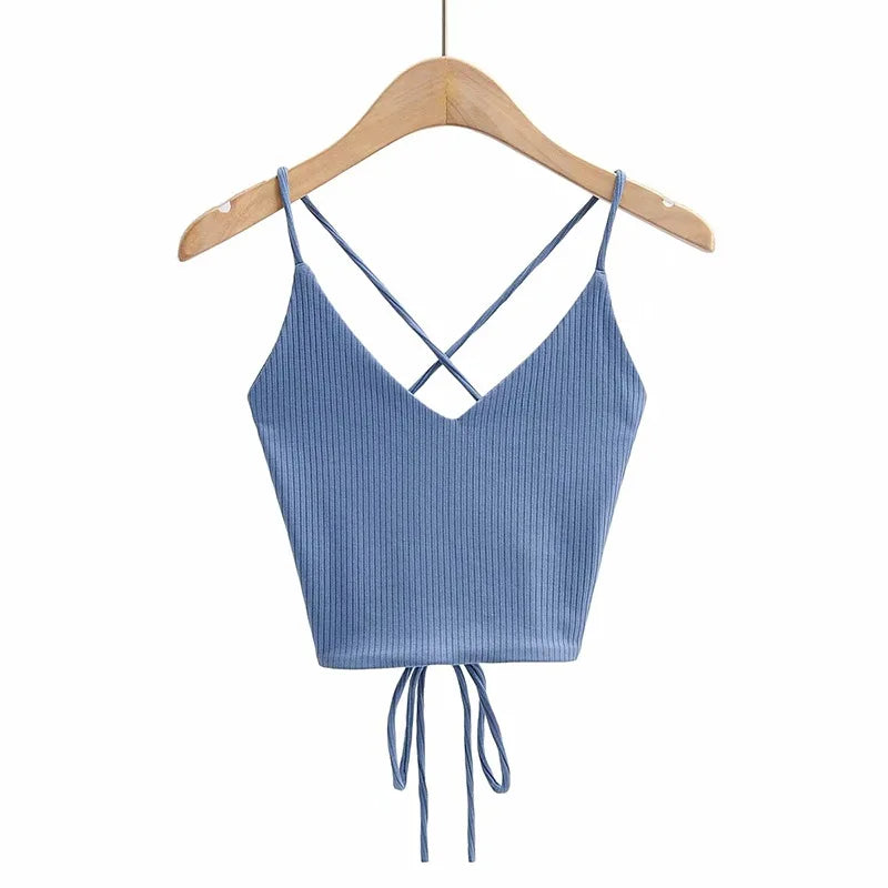 V-Neck Bandage Solid Knitted Tank