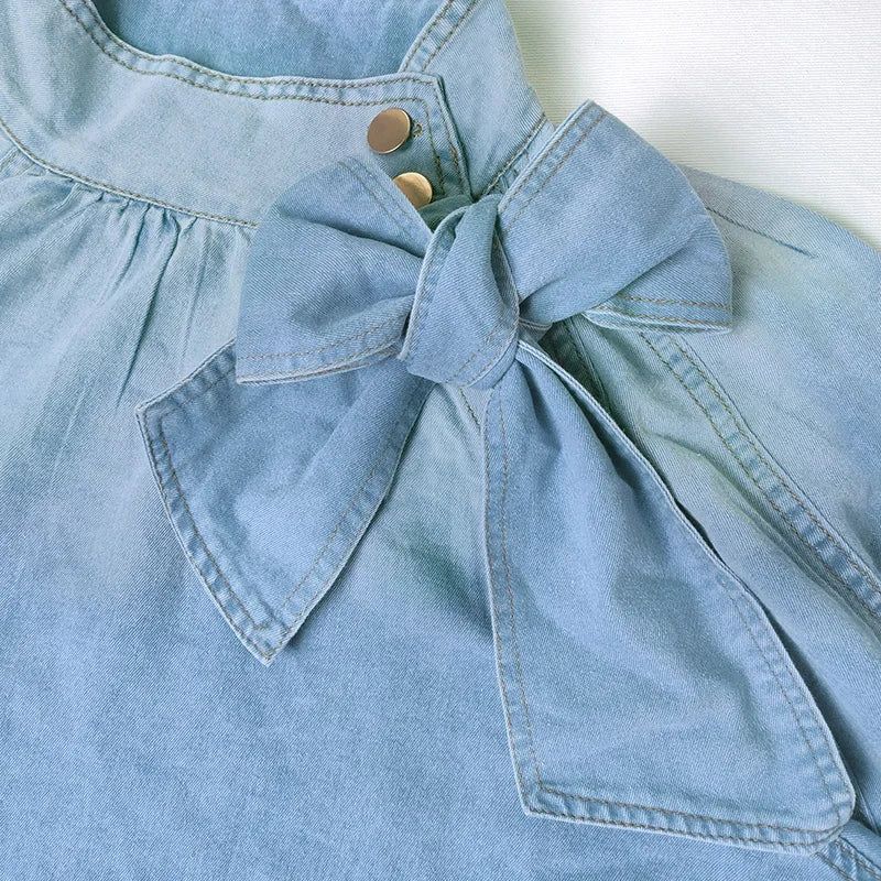 2023 Autumn Winter Blue Denim Top Bubble Sleeve Button Lace-up Clothing Fashion Casual Elegant Bow Belt Short Jacket for Street