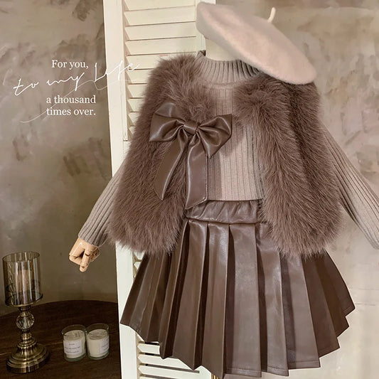 Fur Coat Coat Knitted Top Pleated Leather Skirt