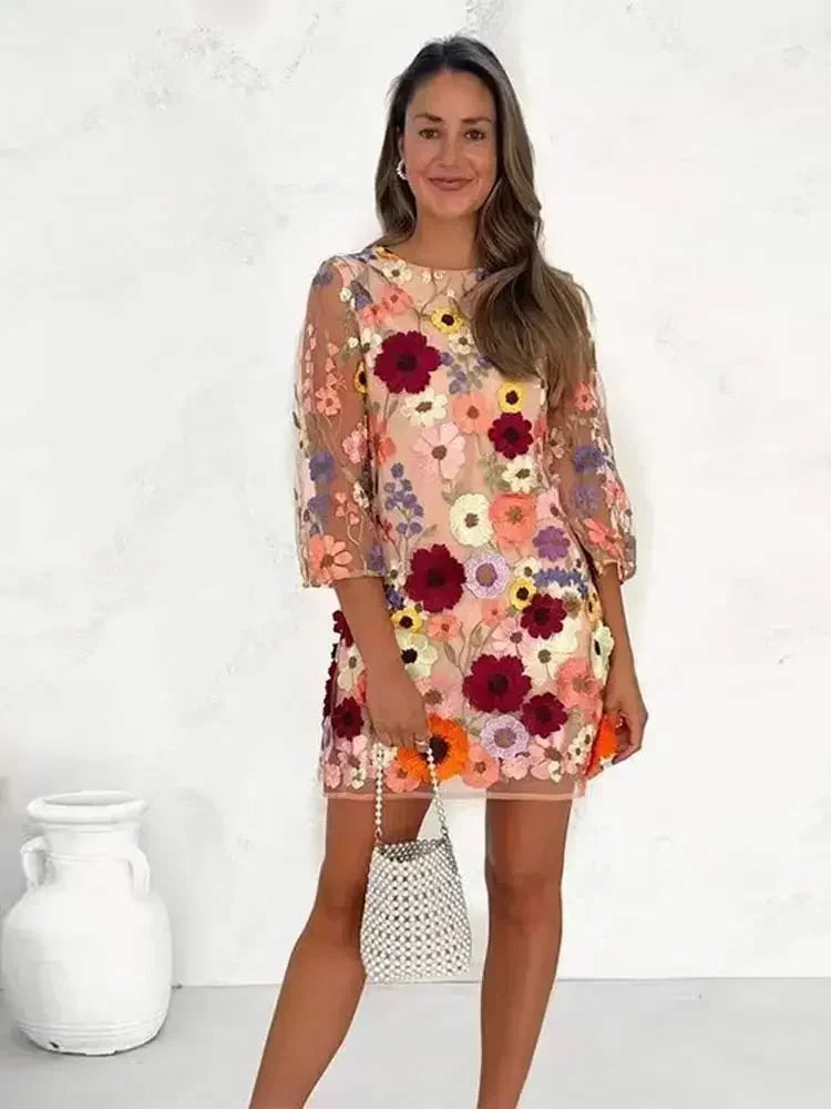 Embroidered Flower Printed Dress