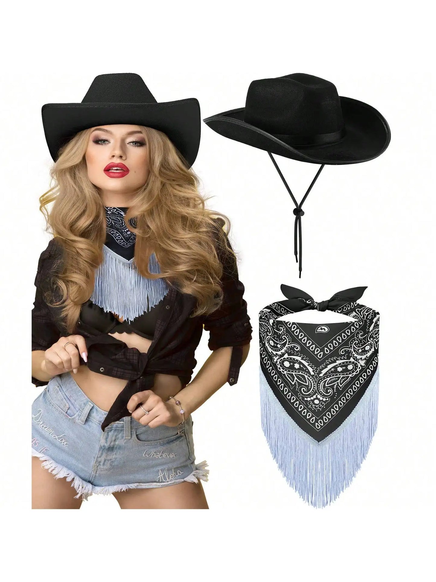 2pcs Cowgirl Hat Disco Fringed Bandana