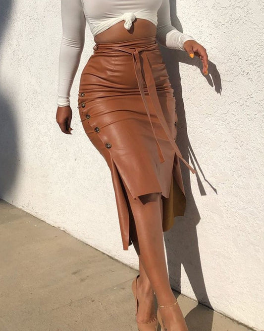 Faux Leather Midi Skirt High Waist