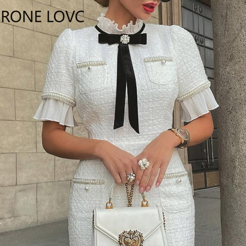 Women Elegant Round Neck Short Sleeves Bow Ruffle Hem Beaded Formal Fragrant Breeze White Dress