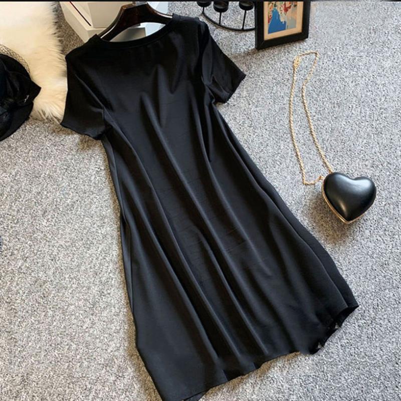 Summer Dress Women New Large Size Slimming Loose Fashion Belly-covering Length Black Spliced Printing Vintage Oversized Dress