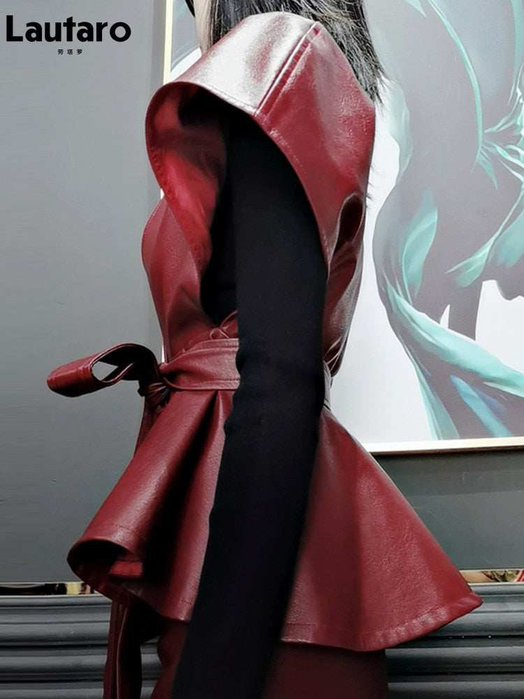 Lautaro Spring Luxury Designer Faux Leather Jacket Women Sashes Red Wine Cape Shawls for Women Gothic Cloak Runway Fashion 2022