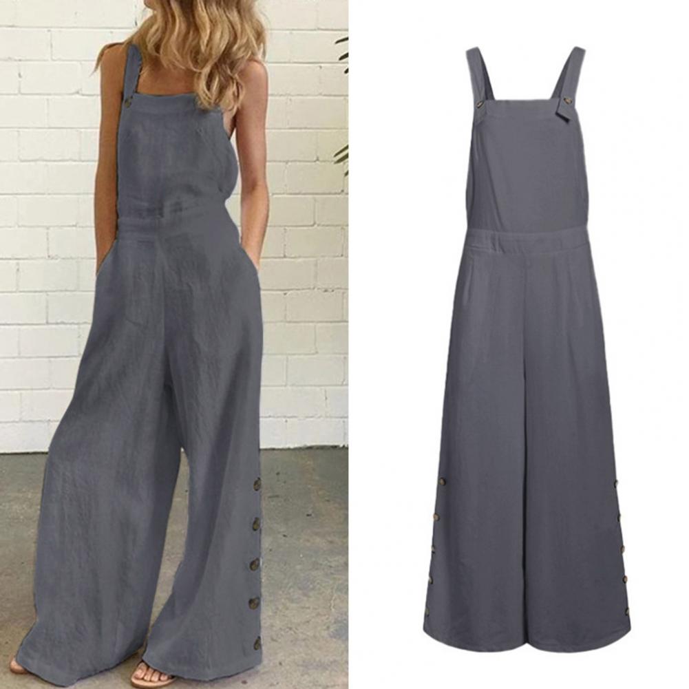 Women Jumpsuit Summer Sleeveless Solid Color Wide Leg Pockets Loose Strappy Playsuit Overall Wide Leg Pockets mono mujer verano