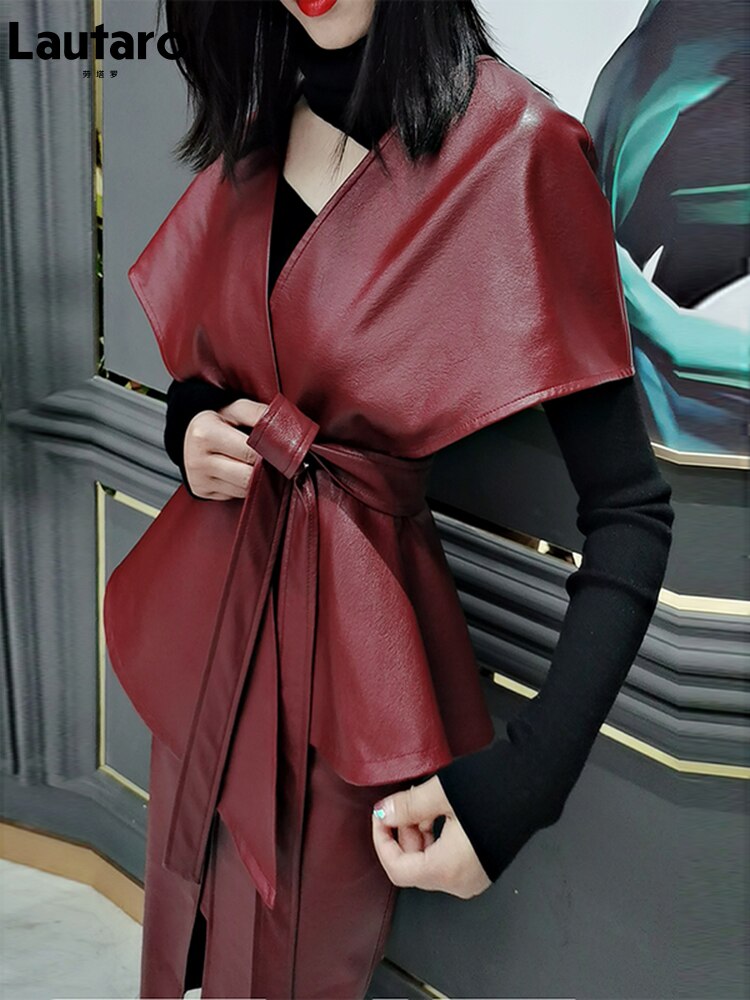 Lautaro Spring Luxury Designer Faux Leather Jacket Women Sashes Red Wine Cape Shawls for Women Gothic Cloak Runway Fashion 2022