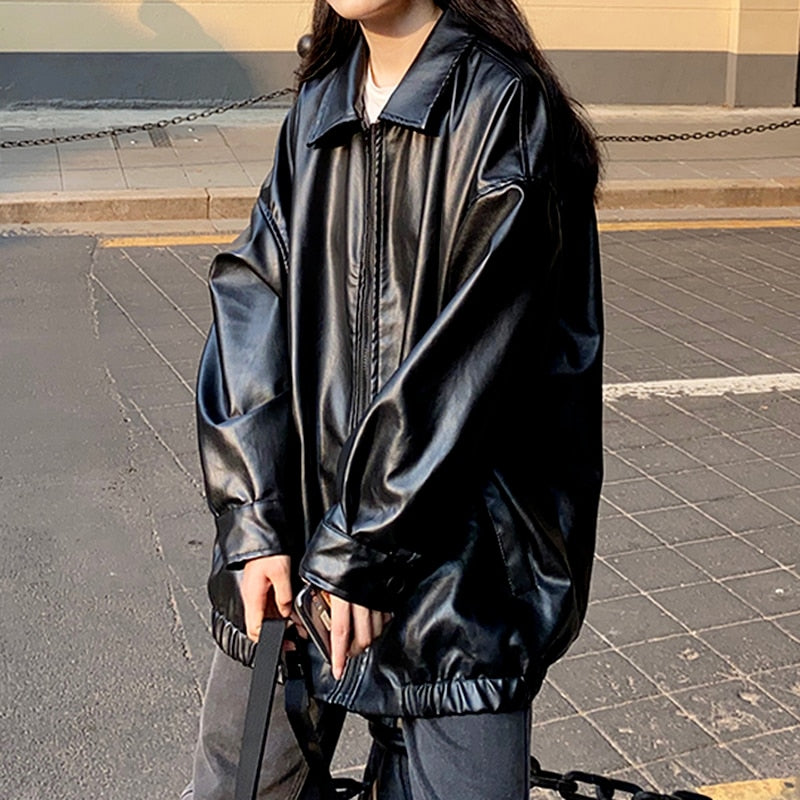 Korean Black Leather Jacket Women Winter Long Women's Moto Biker Zipper Jacket Streetwear Harajuku Y2K Loose Women's Coat 2021