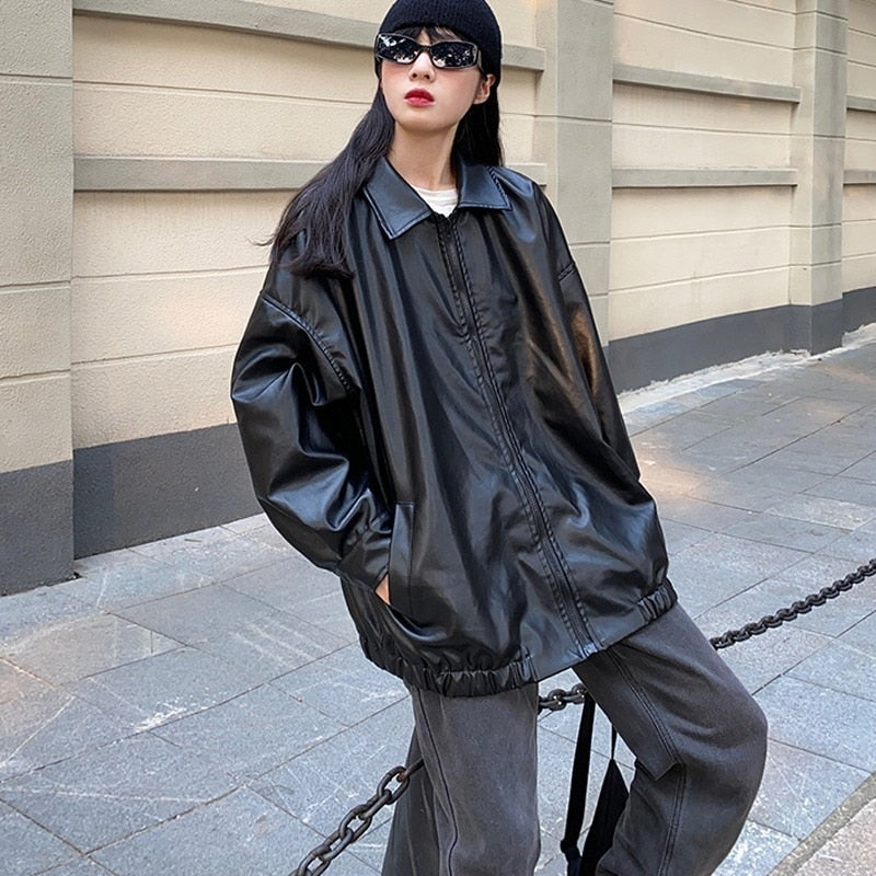 Korean Black Leather Jacket Women Winter Long Women's Moto Biker Zipper Jacket Streetwear Harajuku Y2K Loose Women's Coat 2021