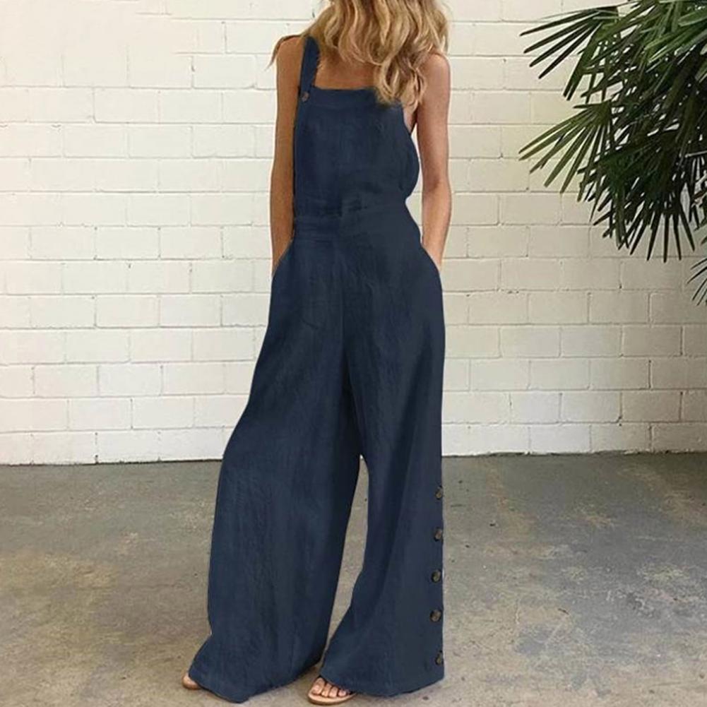 Women Jumpsuit Summer Sleeveless Solid Color Wide Leg Pockets Loose Strappy Playsuit Overall Wide Leg Pockets mono mujer verano