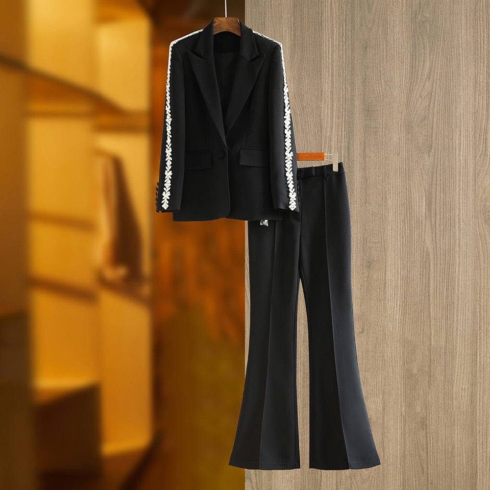 Blazer Solid Flared Pants 2pcs Suits