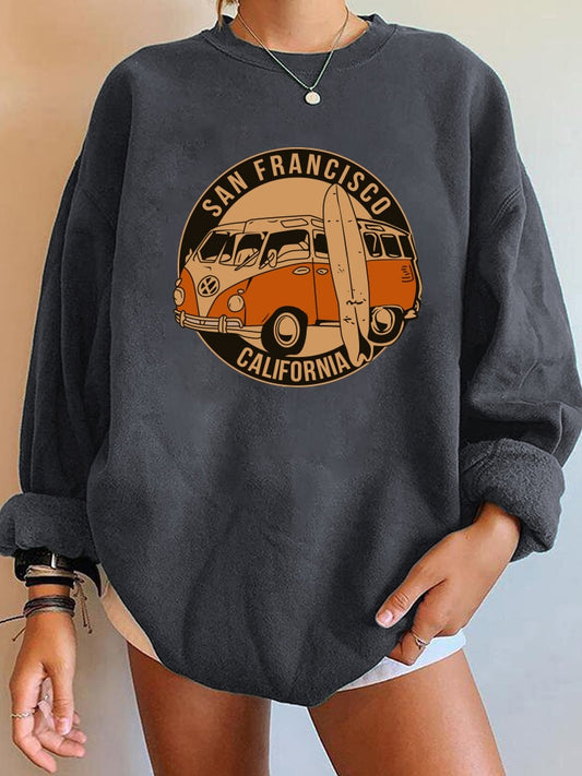 San Francisco California Print Women Sweatshirts Vintage Buses Oversized Crewneck Tops Woman Drop-shoulder Pullovers Sweatshirts