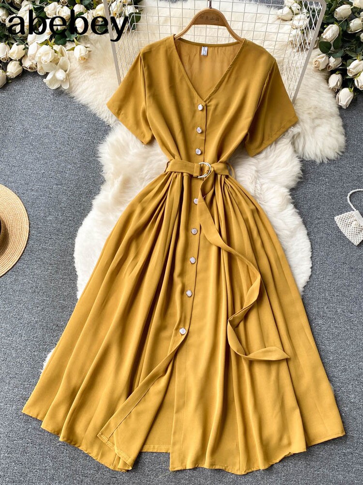 Summer Vacation Chiffon Dresses For Women 2022 Pleated Long Dress Solid Color Temperament V-neck Maxi Bohemia Dress Robe Femme