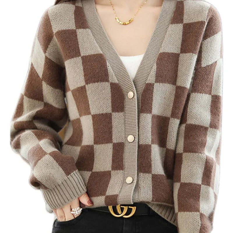 Knitted Sweater Women Oversized Cardigan Single Breasted Long Sleeve Tops Winter 2022 Korean Style Plaid Fashion Clothes Jumpers