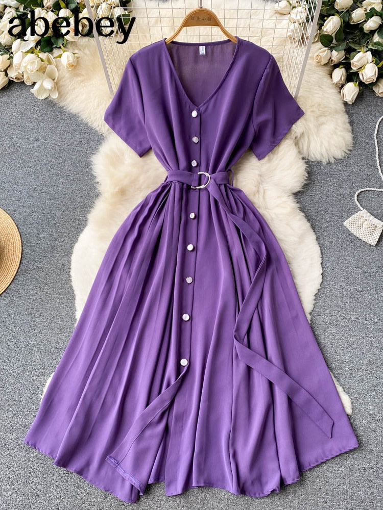 Summer Vacation Chiffon Dresses For Women 2022 Pleated Long Dress Solid Color Temperament V-neck Maxi Bohemia Dress Robe Femme