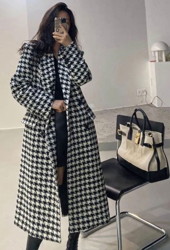 Fashion Houndstooth Woolen Coat  Jacket