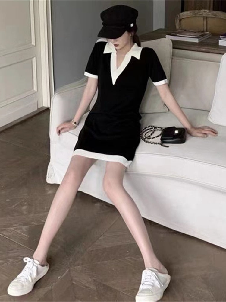 POLO Collar Short-sleeved Knitted Black Dress Summer New Hit Color Straight Loose V-neck T-shirt Short Skirt Base Layer Shirt