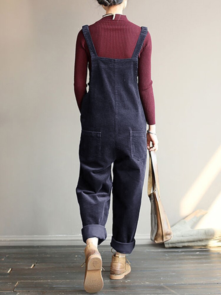 Corduroy Jumpsuits Casual Solid Color