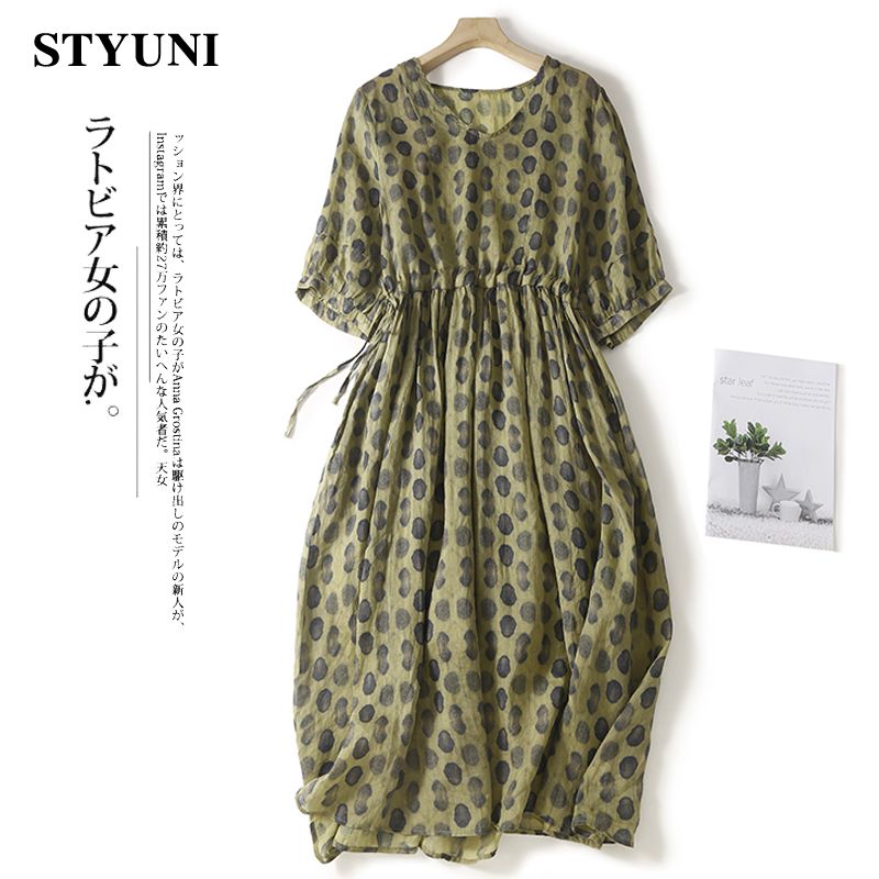 Dark Green Polka Dot Vintage Linen Cotton Women's Dress V-Neck Half Sleeve A-Line Elastic Waist Loose Mid-Calf Dresses For Women