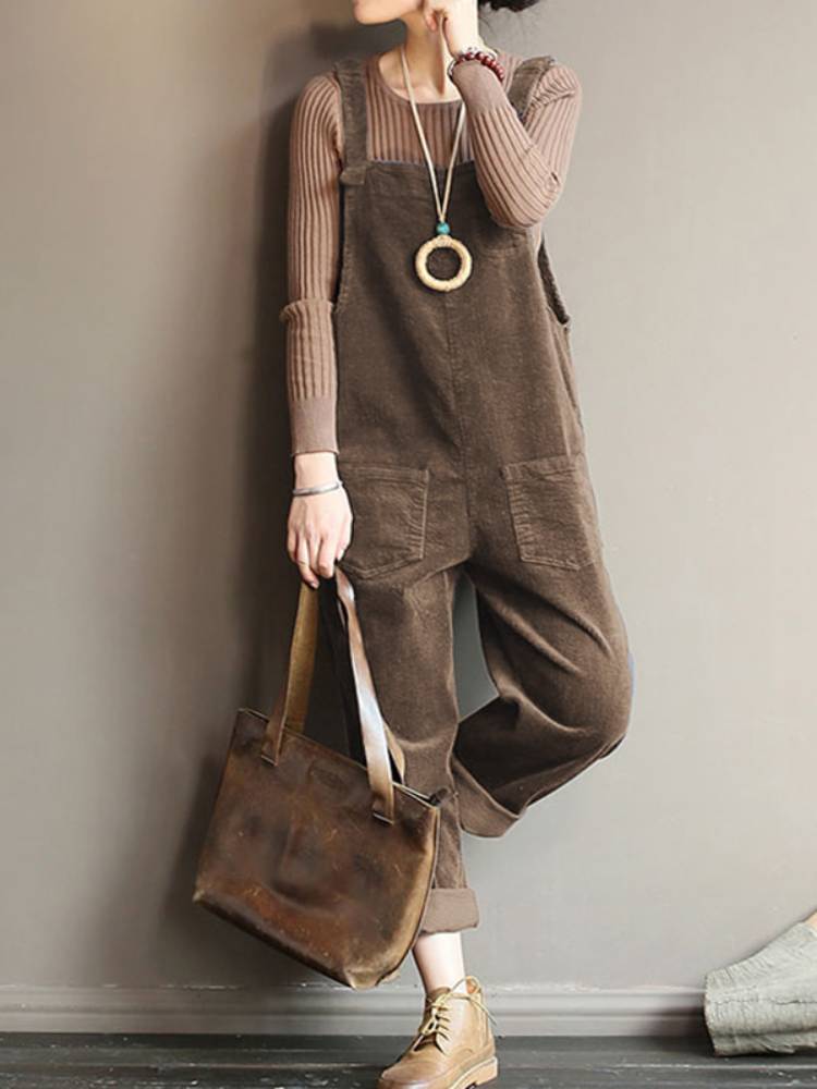 Corduroy Jumpsuits Casual Solid Color