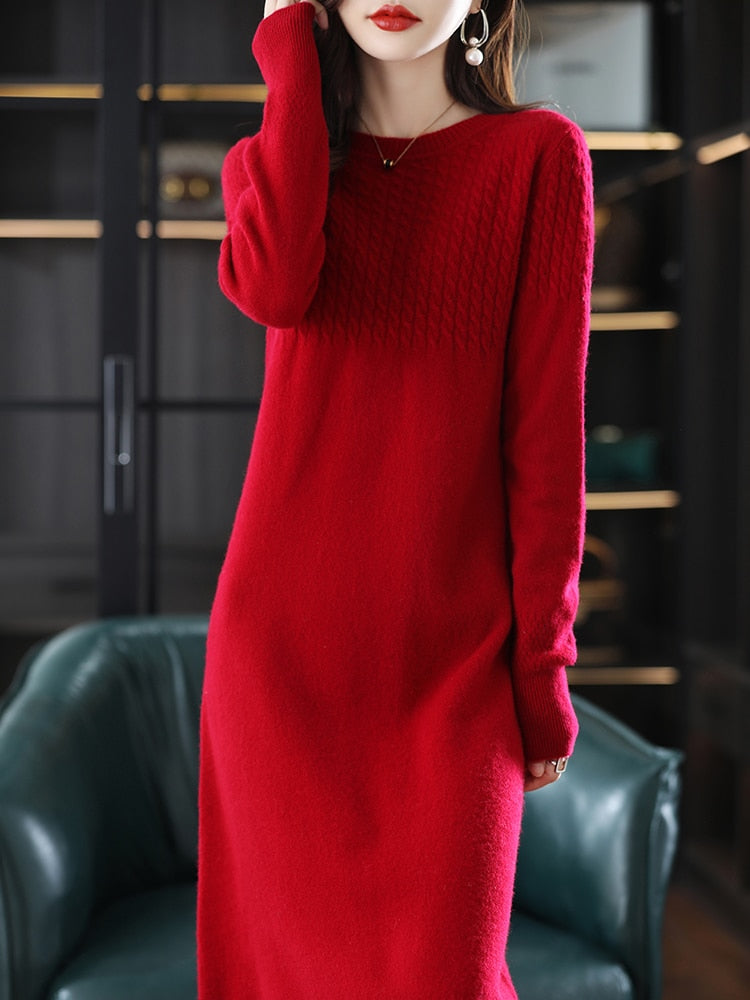 Round Neck Cashmere   Wool Dress