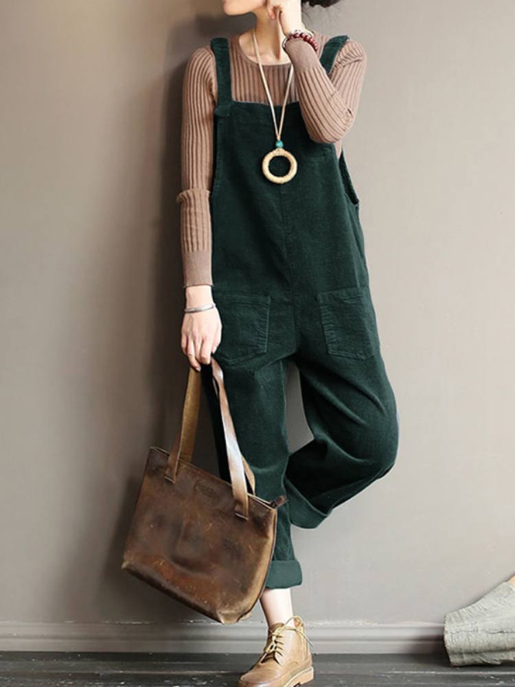 Corduroy Jumpsuits Casual Solid Color