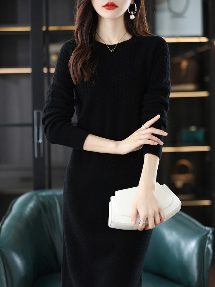 Round Neck Cashmere   Wool Dress