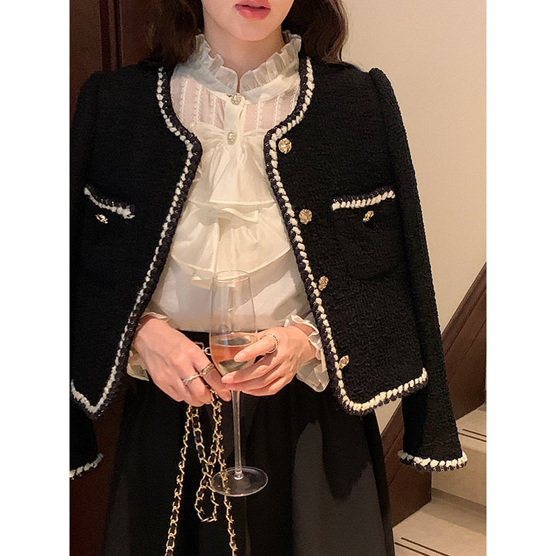 Vintage Women's Jacket New Korean Fashion Black Chic Office Ladies Casual Elegant Long Sleeve Single Breasted Coat Female Blazer