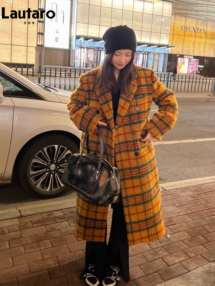 Lautaro Autumn Winter Long Loose Retro Colorful Plaid Woolen Trench Coat for Women Double Breasted Luxury Designer Clothes 2022