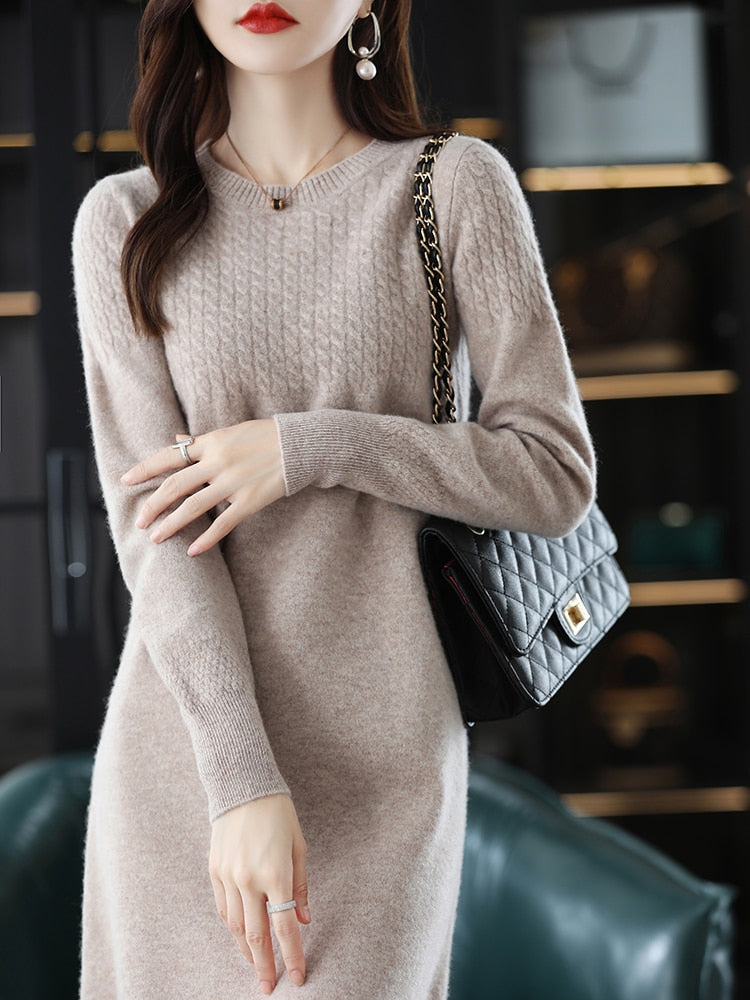 Round Neck Cashmere   Wool Dress