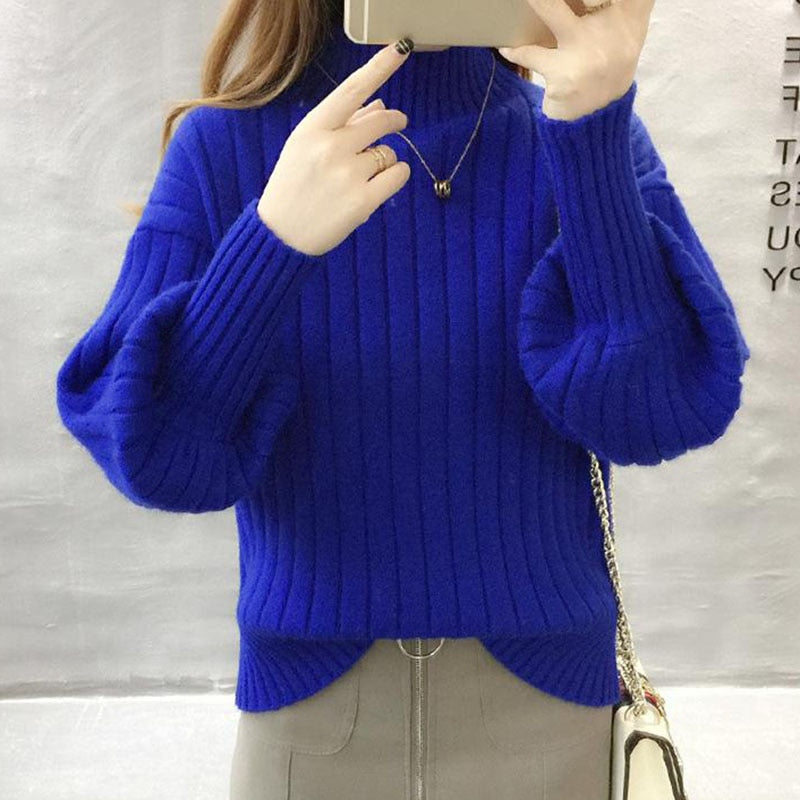 Sweater Ladies Half High Neck Pullover Pure Color 2022 New Fashion Korean Version Loose Lantern Sleeve Knitted Sweater Women