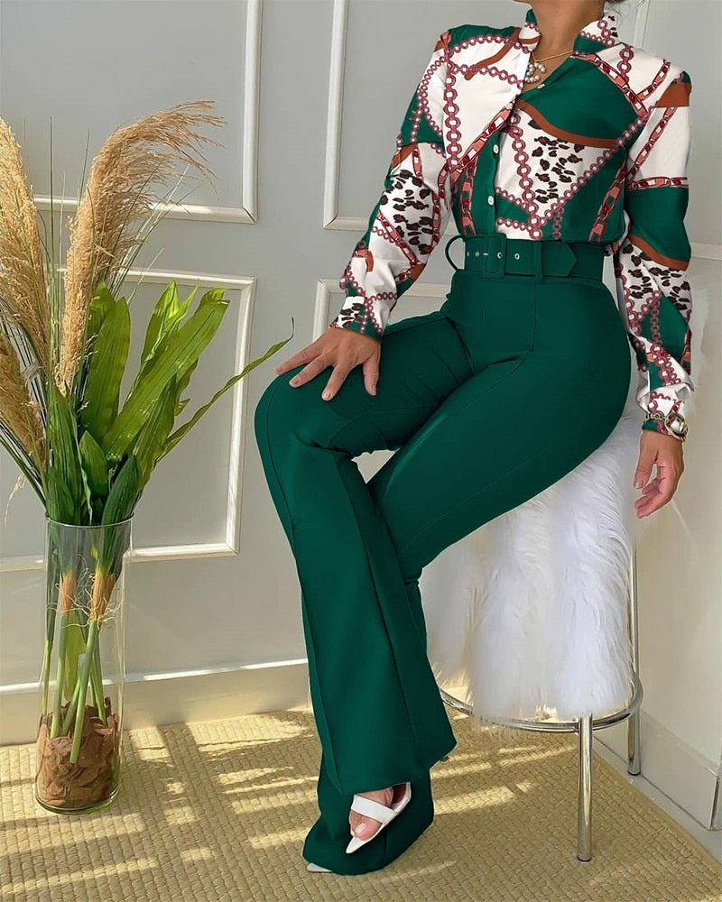 Women Stand Collar Button Pant Suits Printing Wide Leg Pants Slim Long Sleeve Ladies Outfit Casual Matching Set