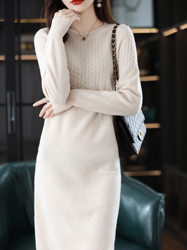 Round Neck Cashmere   Wool Dress