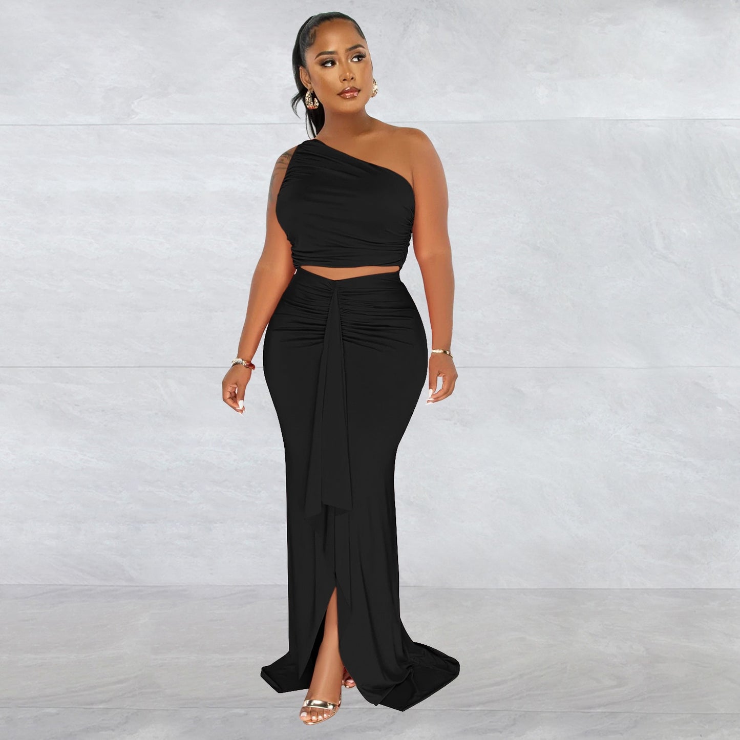 One Shoulder Skew Neck High Side Split Maxi Dresses