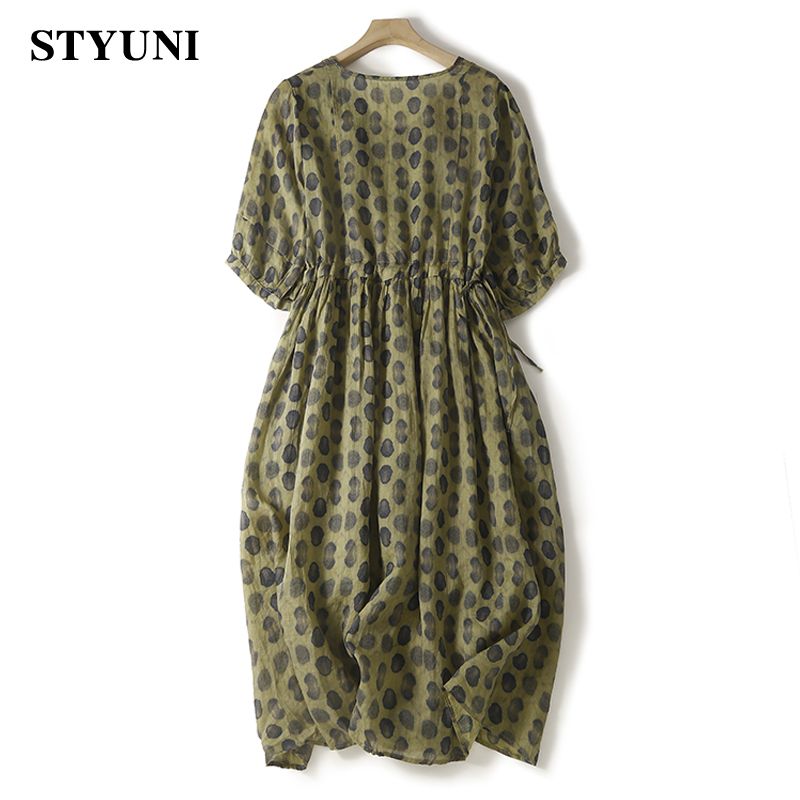 Dark Green Polka Dot Vintage Linen Cotton Women's Dress V-Neck Half Sleeve A-Line Elastic Waist Loose Mid-Calf Dresses For Women