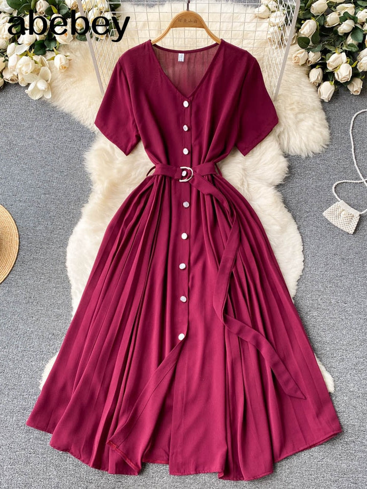 Summer Vacation Chiffon Dresses For Women 2022 Pleated Long Dress Solid Color Temperament V-neck Maxi Bohemia Dress Robe Femme