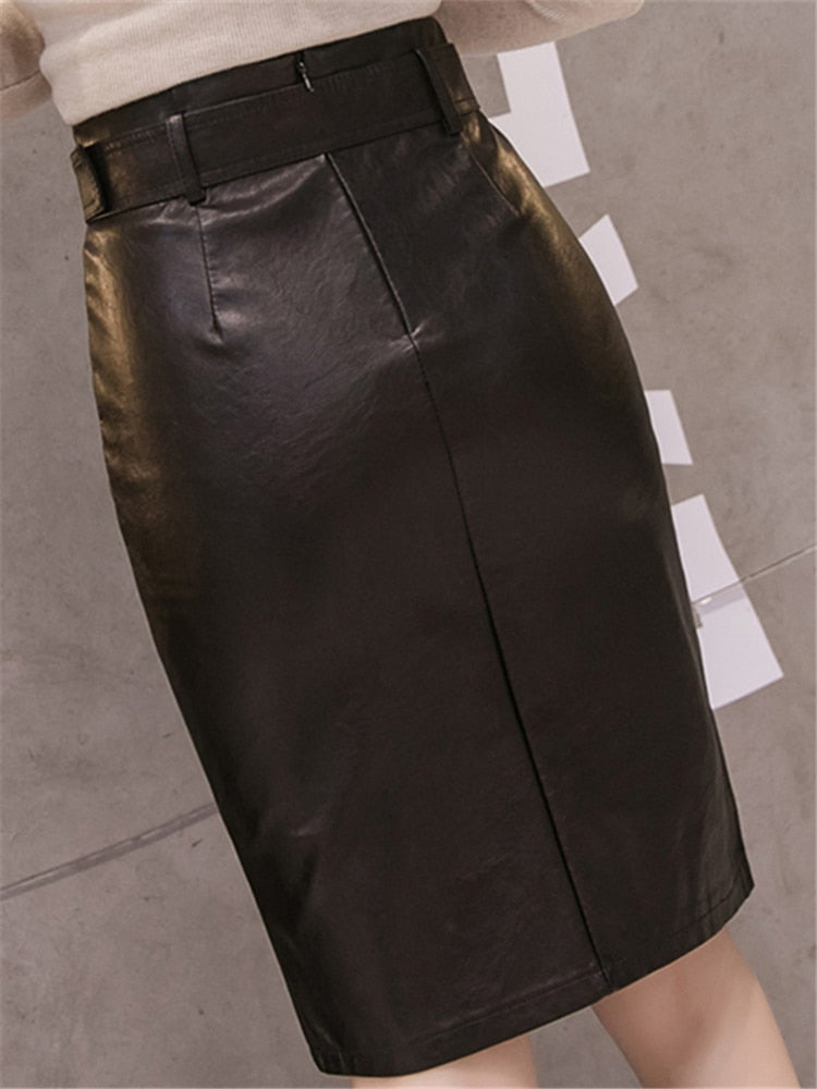 Seoulish 2022 Autumn Winter Black PU Leather Pencil Midi Skirts High Waist Split OL Elegant Sheath Wrap Skirts with Belt Female