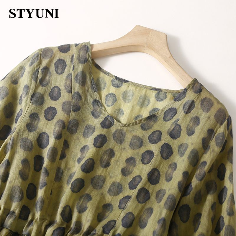 Dark Green Polka Dot Vintage Linen Cotton Women's Dress V-Neck Half Sleeve A-Line Elastic Waist Loose Mid-Calf Dresses For Women