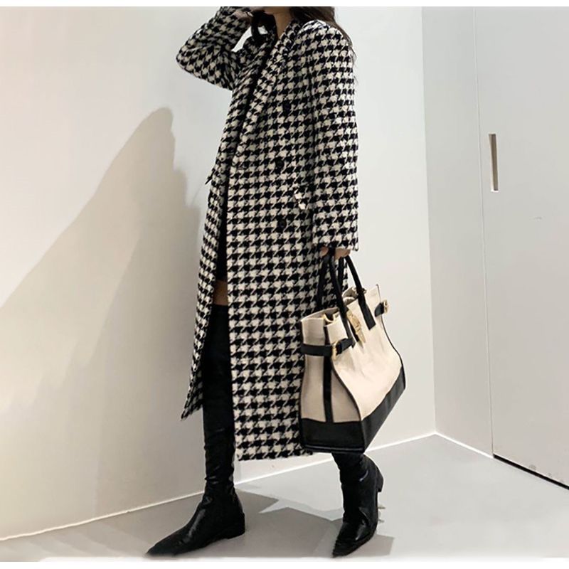 Fashion Houndstooth Woolen Coat  Jacket