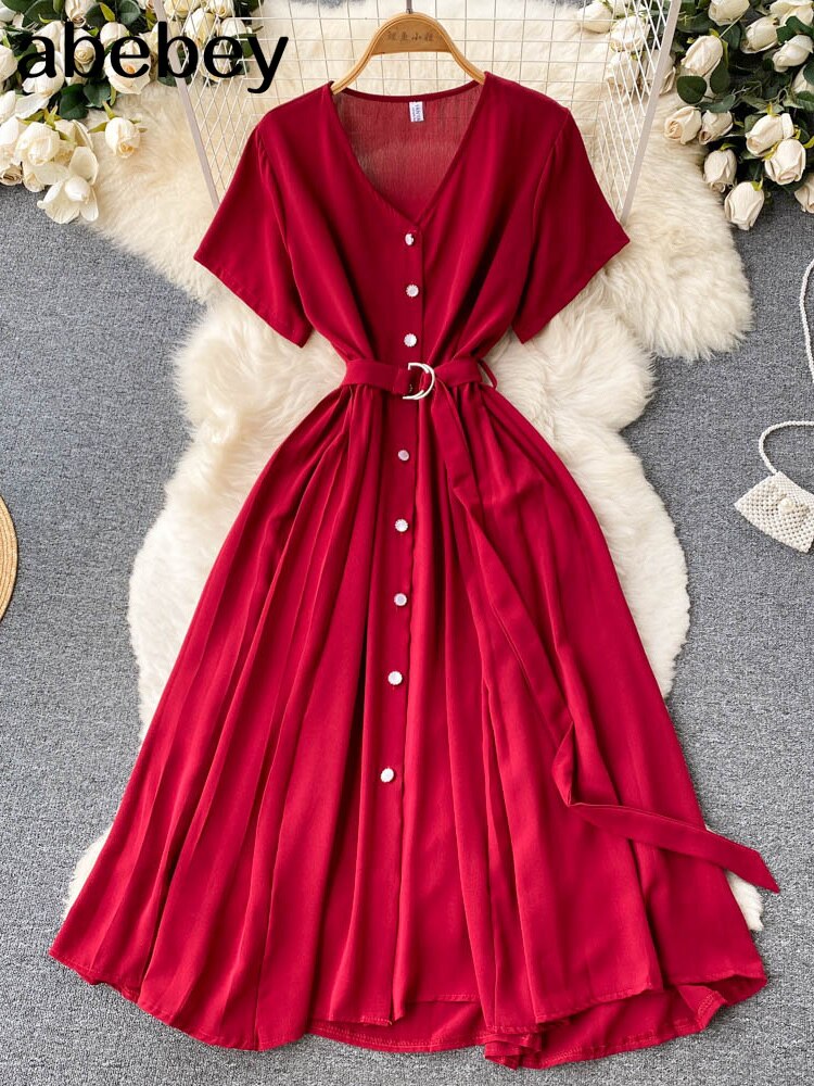 Summer Vacation Chiffon Dresses For Women 2022 Pleated Long Dress Solid Color Temperament V-neck Maxi Bohemia Dress Robe Femme