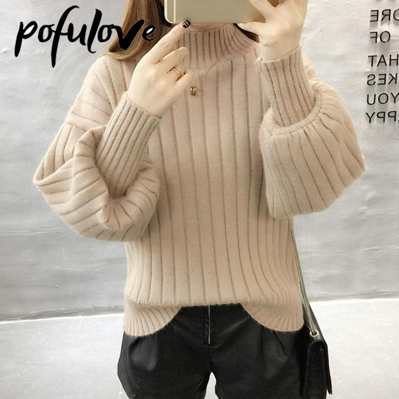 Sweater Ladies Half High Neck Pullover Pure Color 2022 New Fashion Korean Version Loose Lantern Sleeve Knitted Sweater Women