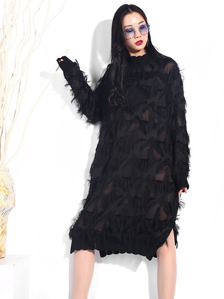 [EAM] 2023 New Spring Autumn Stand Collar Long Sleeve Black Perspective Split Joint Big Size Dress Women Fashion Tide JI78